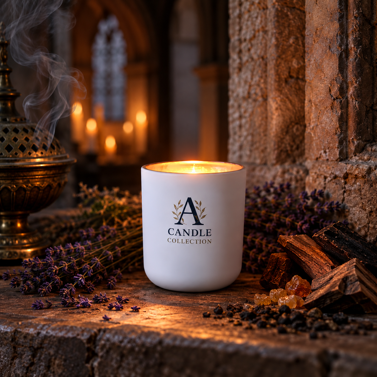 Ember Chapel 185 g white candle with gold rim in atmospheric chapel setting with lavender, incense and wood