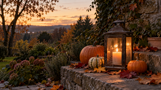 Autumn pumpkins and fallen leaves beside a candle lantern at dusk