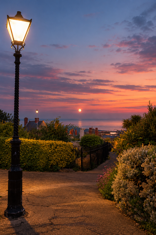 Glowing lamppost above a coastal garden path at dusk