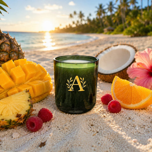 White candle in green vessel with golden monogram, Endless Summer scent witch fresh fruits on the beach at sunset