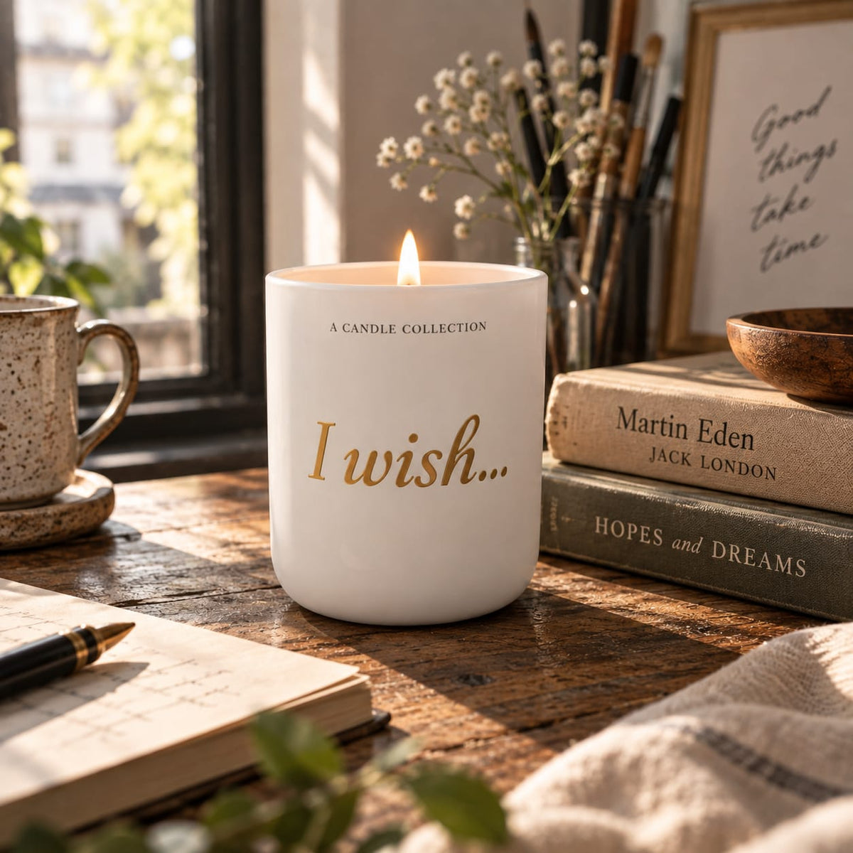 I Wish 185g gift candle by A Candle Collection in a white and gold vessel