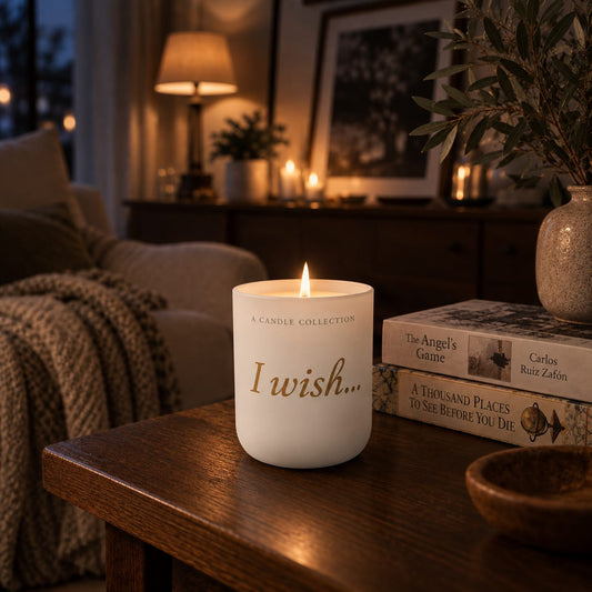 I Wish 185g gift candle by A Candle Collection styled in a living room