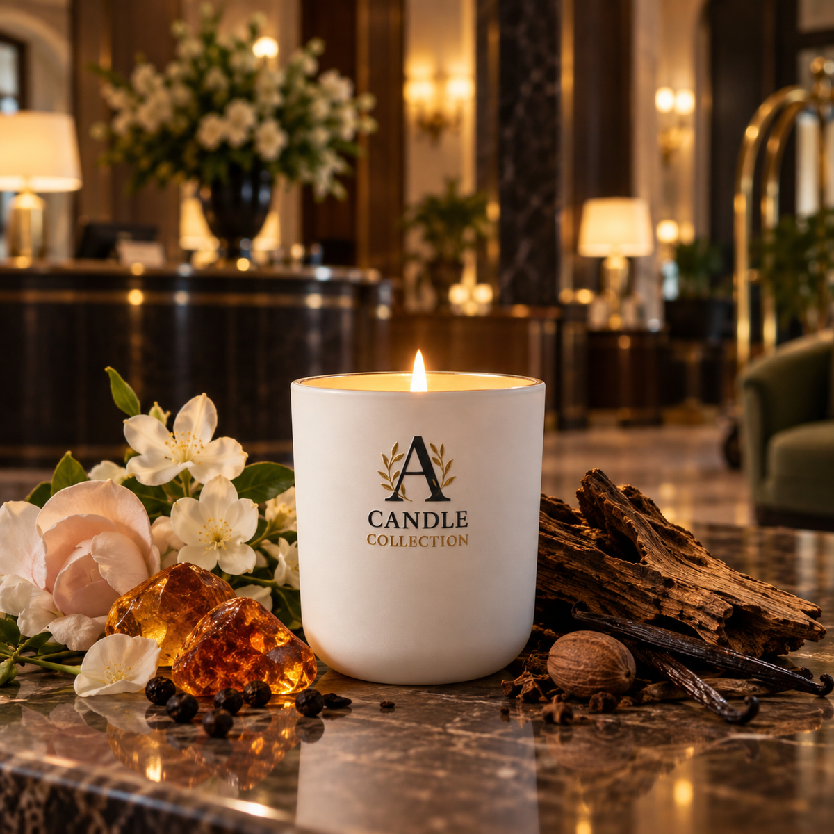 Opulent Foyer candle in a white and gold vessel with logo A Candle Collection, standing on the marble table with luxury hotel lobby in the background 