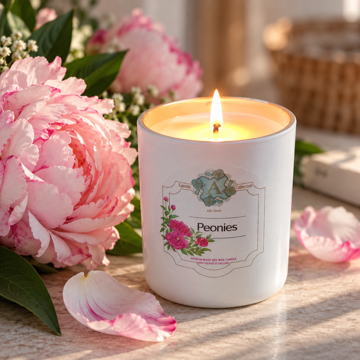 Peonies candle by A Candle Collection, white and gold vessel with text, styled on a sunlit shelf with peony flowers 