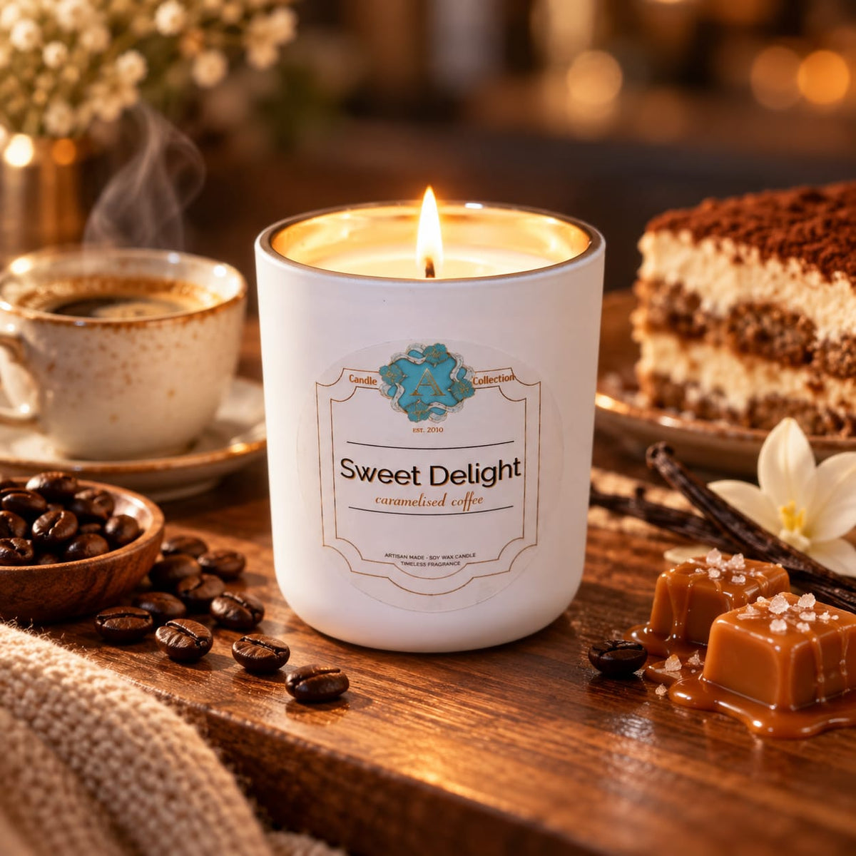 Sweet Delight 185g candle by A Candle Collection with coffee, caramelised sugar and vanilla fragrance styling