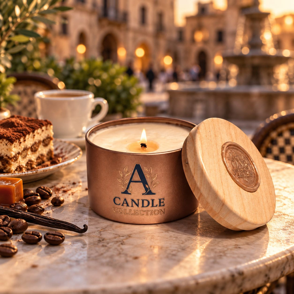 Sweet Delight 85g tin candle by A Candle Collection styled with coffee, tiramisu, caramel and vanilla on an Italian piazza