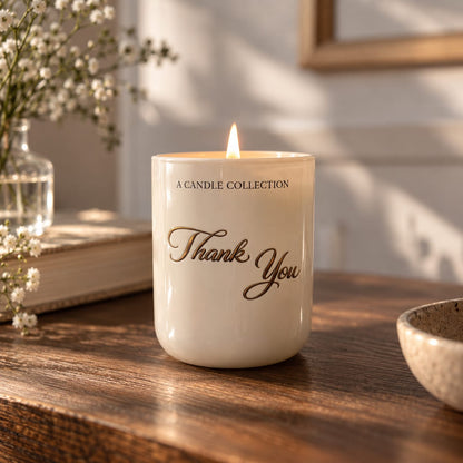 Thank You 185g gift candle by A Candle Collection in a white and gold vessel