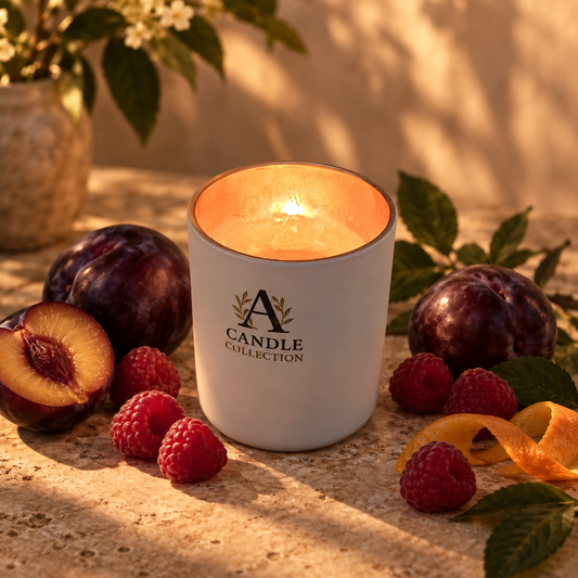 Sweet Surrender soy candle by A Candle Collection, lit in a white vessel with gold, surrounded by fresh plums, raspberries and orange peel on a sunlit stone surface